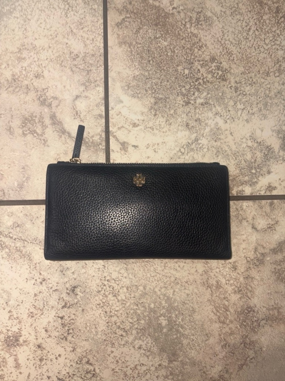 Men's Black Leather Zip Wallet - Classic Pebbled Design tory burch